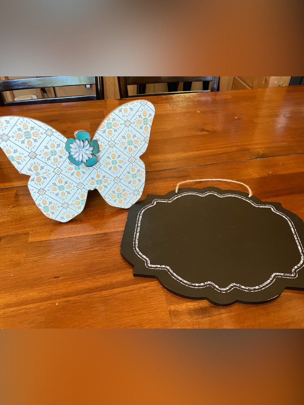 Decorative Butterfly Wall Accent with Teal Flower & Black Chalkboard Plaque